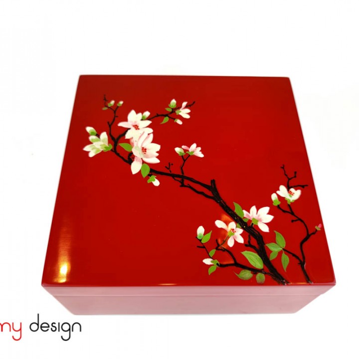 Red square lacquer box hand-painted with plum flower  20*H8cm